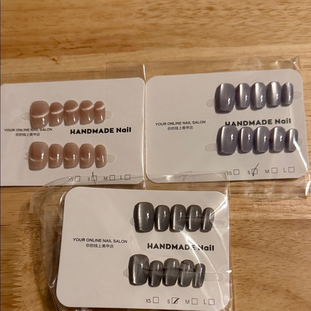 Handmade Press-On Nails - Neutral Nude, Lavender, Metallic Gray Set of 3